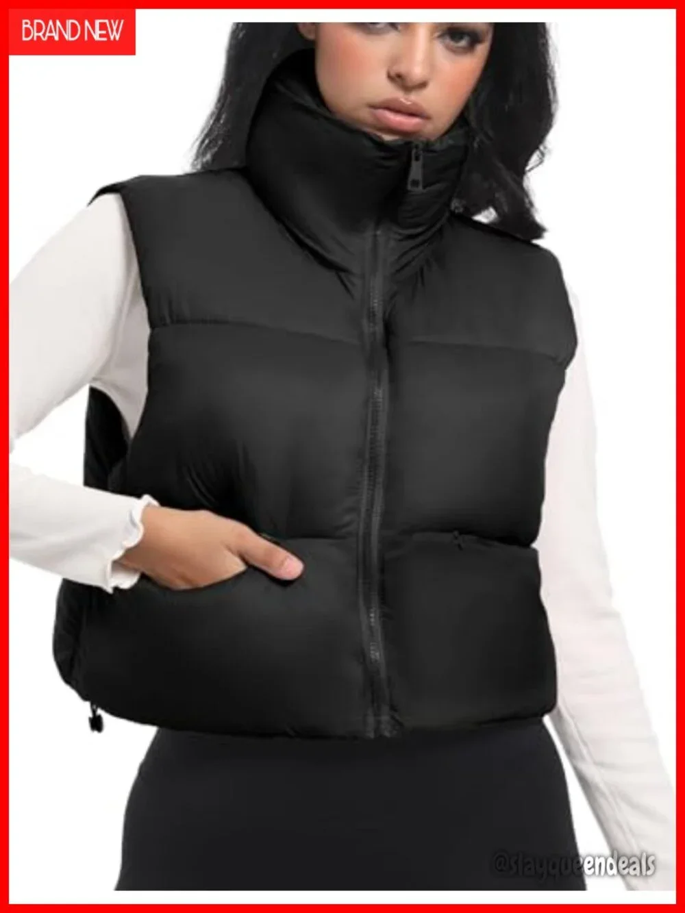 Cropped Puffer Vest Women Winter Puffy Vest with Pockets Lightweight Stand